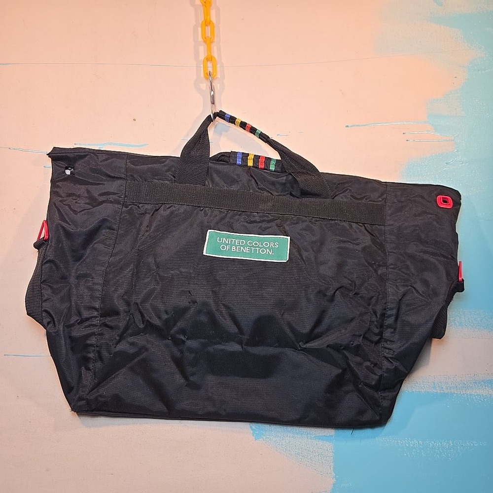 Vtg 1990s United Colors Of Benetton Nylon Duffel Black Logo Colorblock Pockets - Picture 14 of 16